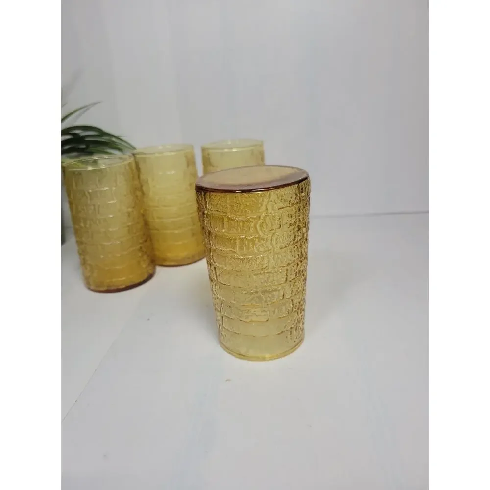 Vintage Amber Glass Tumblers Set of 4 Pagoda Honey Gold Brick Textured Glasses